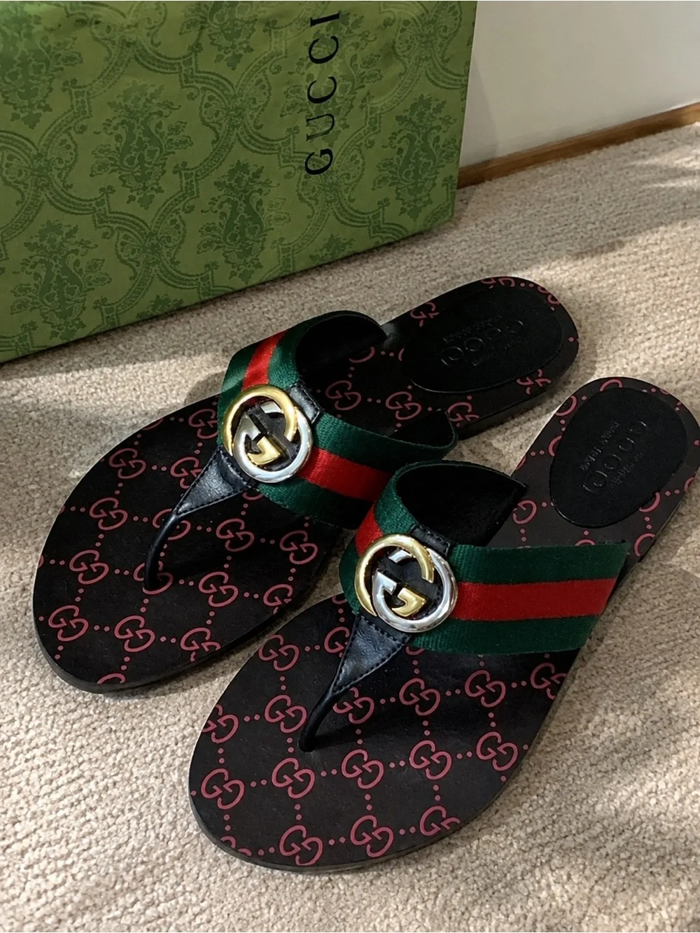 Gucci Green Red Black GG Web Thong Sandals with Gold Double G